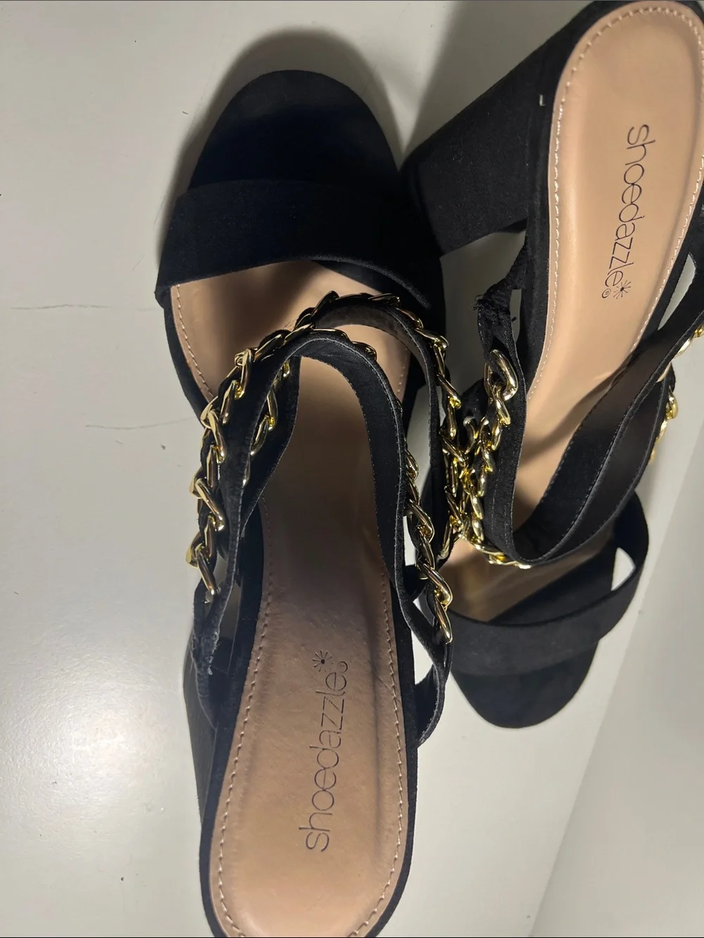 Shoe Dazzle Women’s Black Slide Sandals with Gold Chain Straps